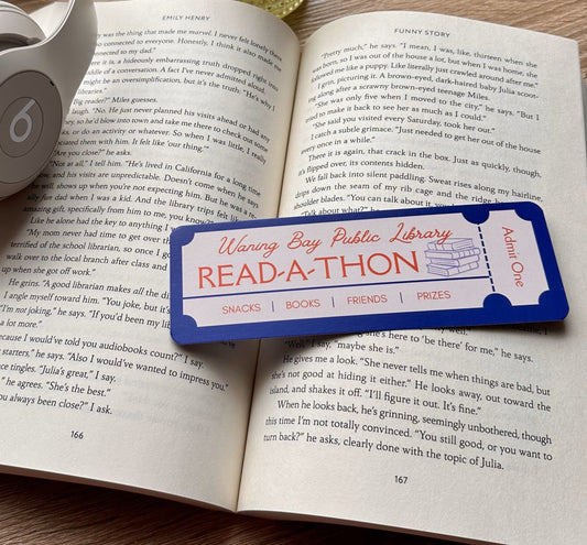 Waning Bay Read-a-thon. Waning Bay Public Library bookmark from Emily Henry book Funny Story. A 2 sided bookmark.