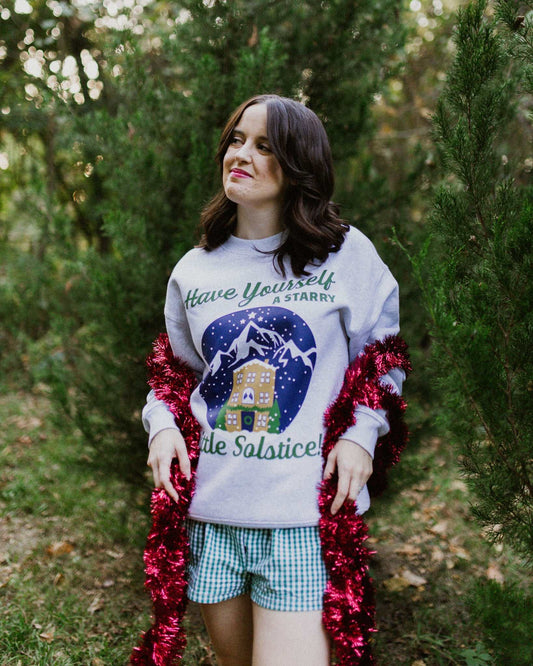 Velaris starry winter solstice crewneck sweatshirt. Next Chapter. Acotar Christmas merch. Bookish Christmas. Night Court. Sarah J. Maas. Holiday book merch. Feyre and Rhysand.