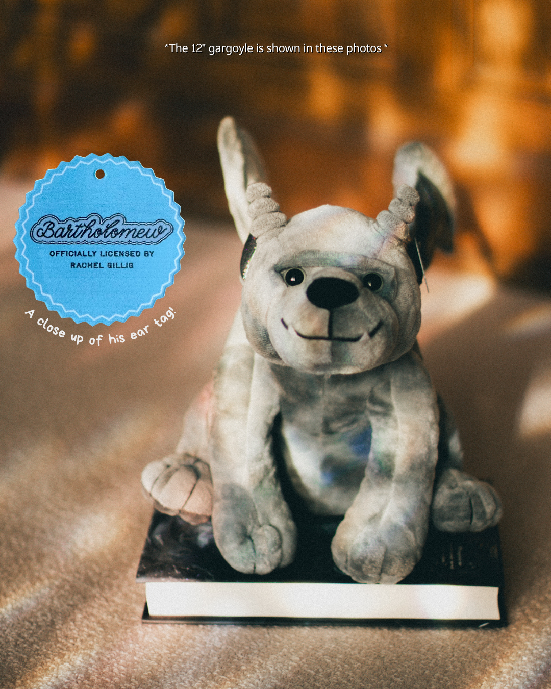Bartholomew Gargoyle Plushie toy resembling a gargoyle with a close-up of its ear tag, featuring the text 'Officially licensed by Rachel Gillig'.