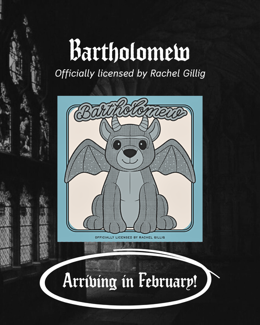 The Bartholomew Gargoyle Plushie Bag Charm is officially licensed by Rachel Gillig, inspired by The Knight and the Moth, and sold exclusively at Next Chapter—a high quality bookish apparel shop.
