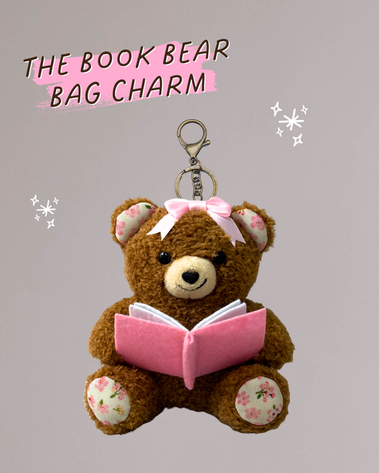 Book Bear Bag Charm from Next Chapter named 'Maple' Next Chapter offers unique and high quality book merch and apparel for readers. Bookish plush. Book plush.