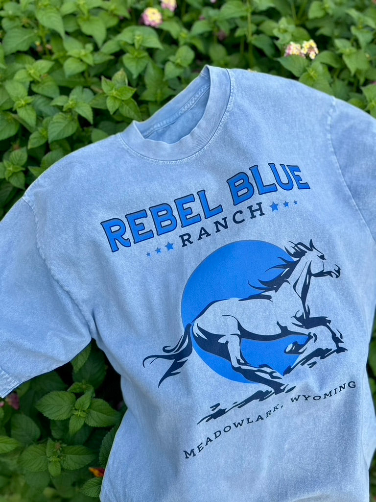 Rebel Blue Ranch Tee. Mineral wash blue t-shirt. Officially licensed by Lyla Sage and her book, Done and Dusted.