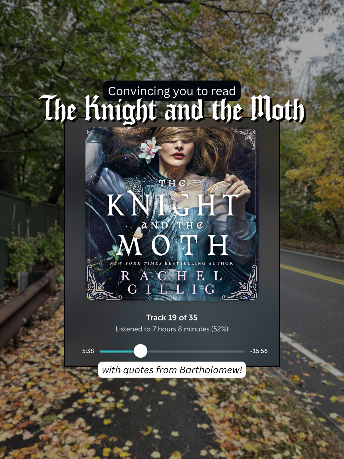 The Knight and the Moth by Rachel Gillig with quotes from the gargoyle, Bartholomew