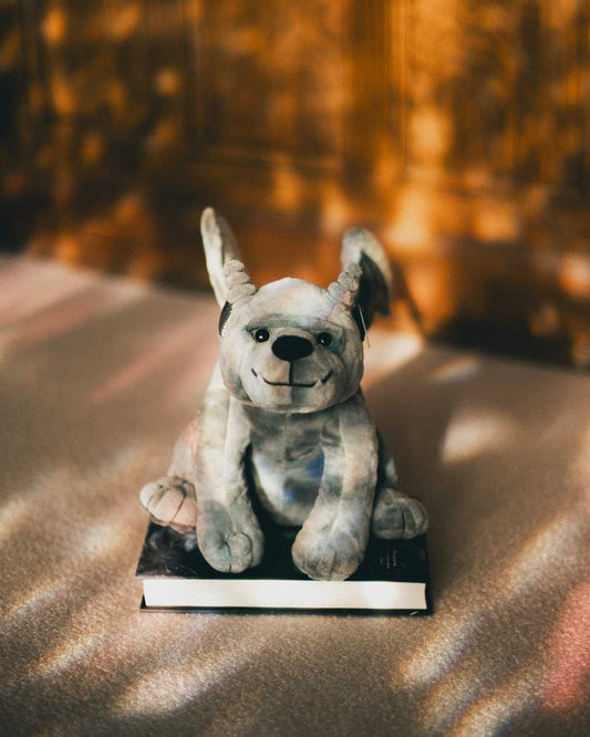 Original large Bartholomew Gargoyle Plush officially licensed by Rachel Gillig displayed centered on white background