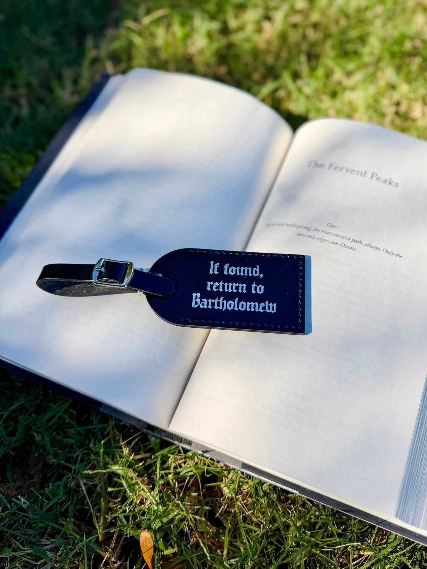 The Bartholomew luggage tags lie on a book outdoors. It reads "If found, return to Bartholomew" and is inspired by The Knight and the Moth by Rachel Gillig.