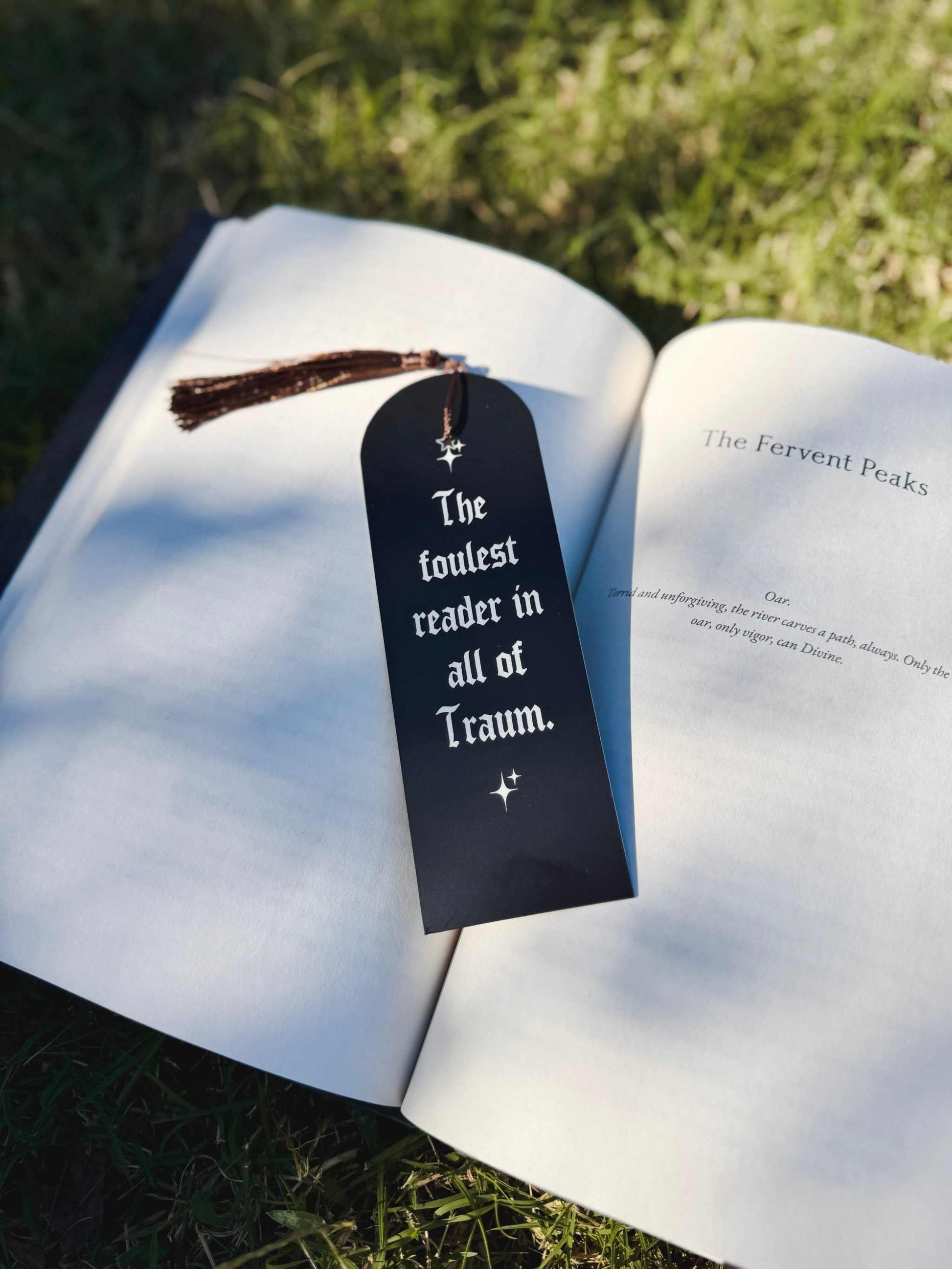 The Foulest Reader Bookmark lies on a book outdoors. It reads "The foulest reader in all of Traum" and is inspired by the book The Knight and the Moth by Rachel Gillig. The bookmark is black and white with a brown tassel attached. 