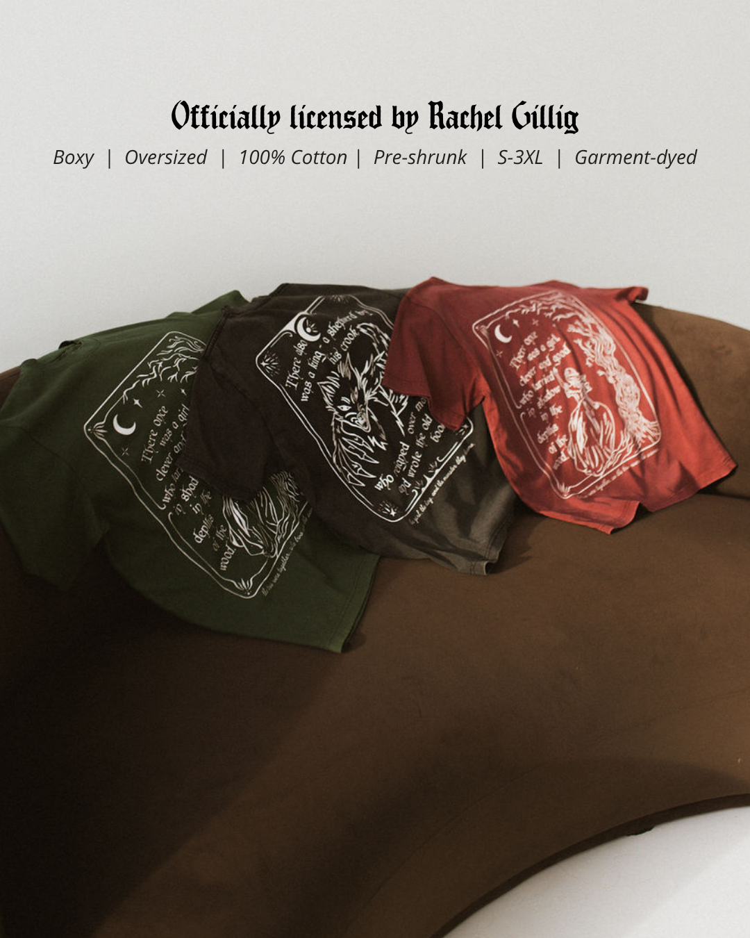 The One Dark Window Tee from Next Chapter is officially licensed by Rachel Gillig and inspired by the Shepherd King Duology. Next Chapter is an official retailer of Rachel Gillig licensed merchandise. This image shows all three t-shirt color options: green, vintage black, and maroon.