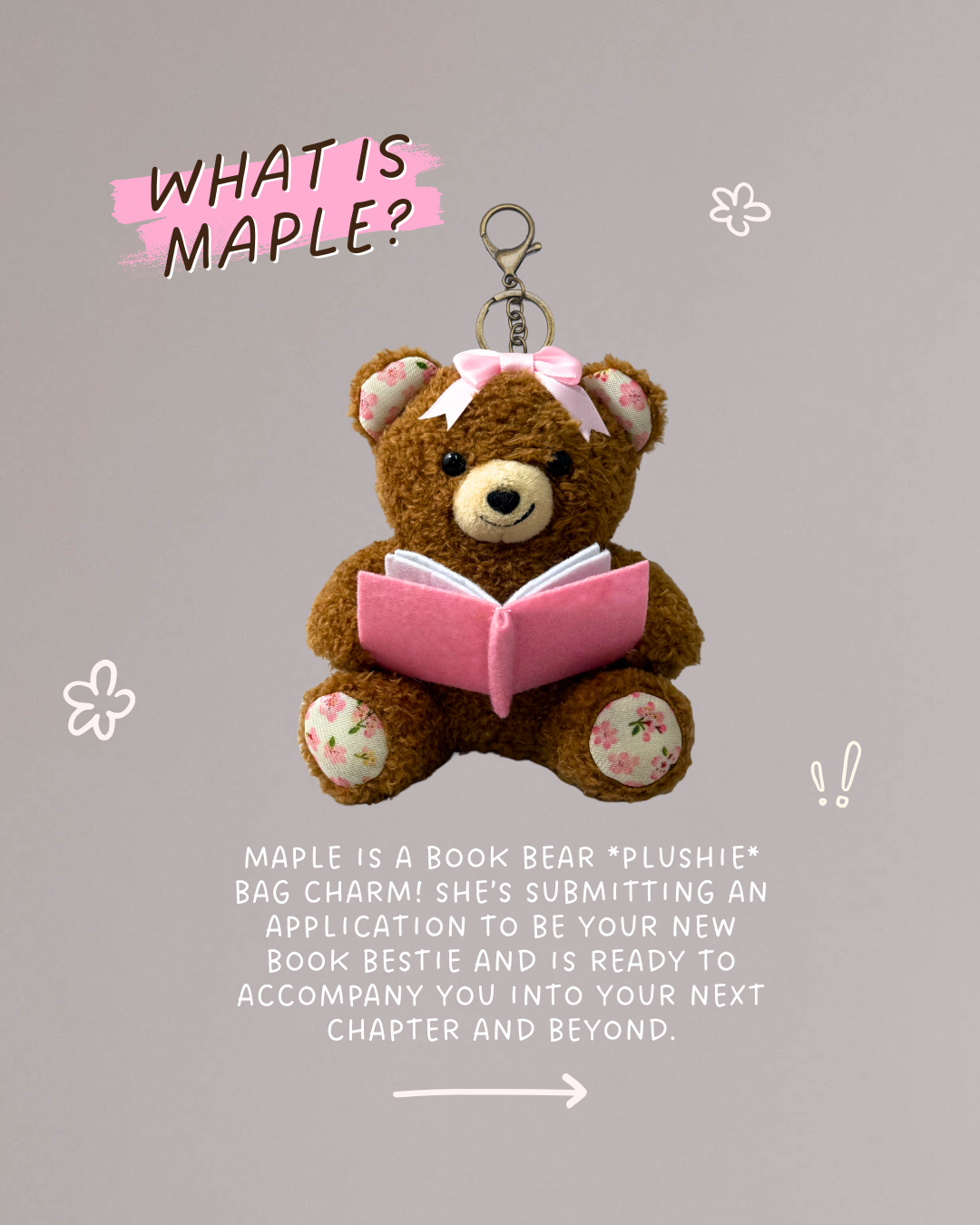 Book Bear Bag Charm from Next Chapter named 'Maple' Next Chapter offers unique and high quality book merch and apparel for readers. Bookish plush. Book plush.
