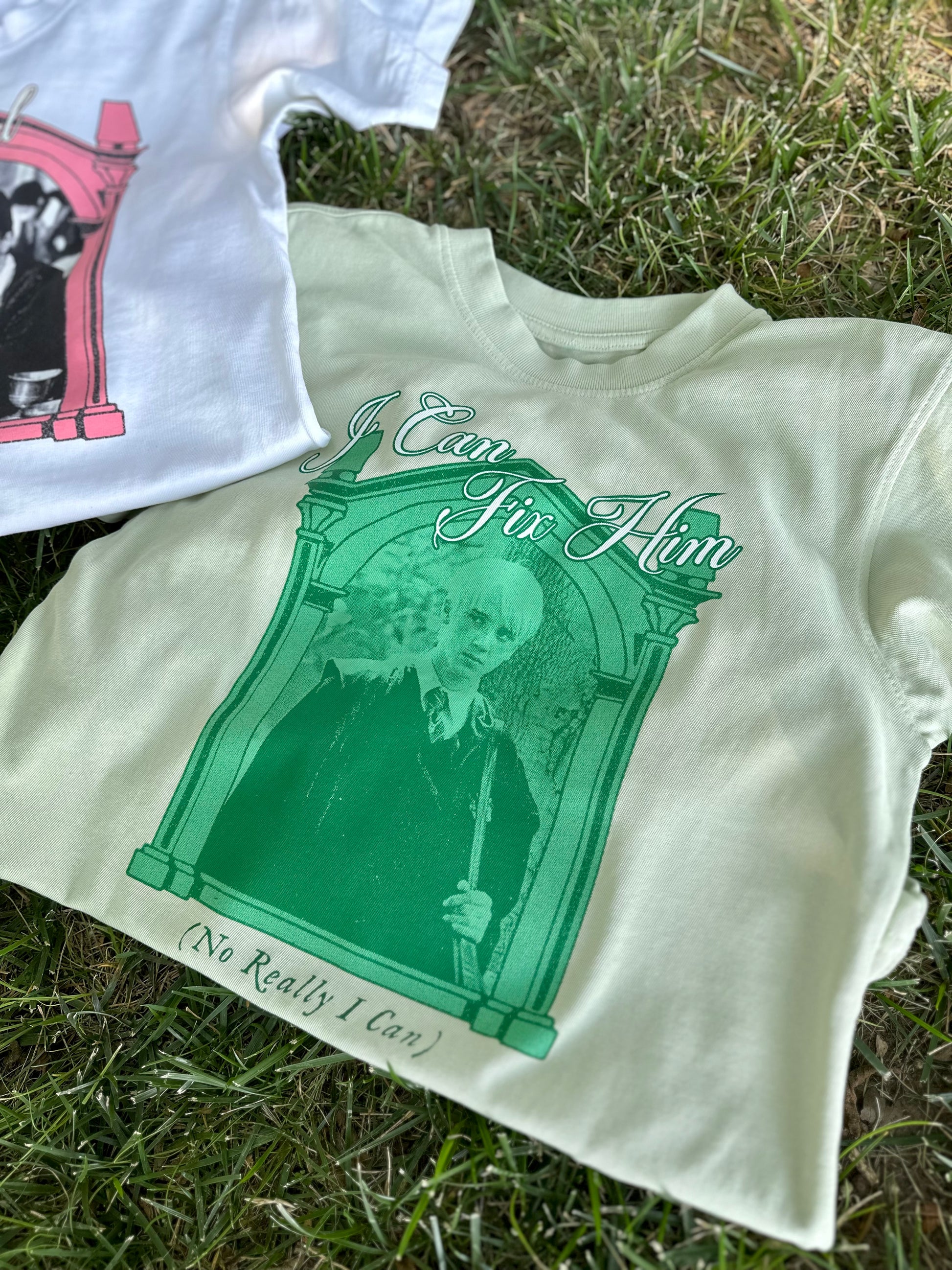 Draco Malfoy I can fix him no really i can boxy green graphic t-shirt. From Harry Potter and the Tortured Poets Department by Taylor Swift