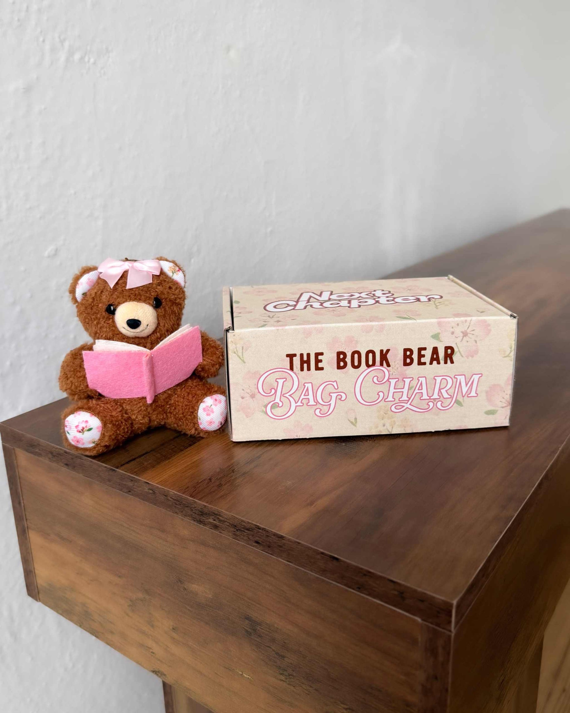 Book Bear Bag Charm from Next Chapter named 'Maple' Next Chapter offers unique and high quality book merch and apparel for readers. Bookish plush. Book plush.