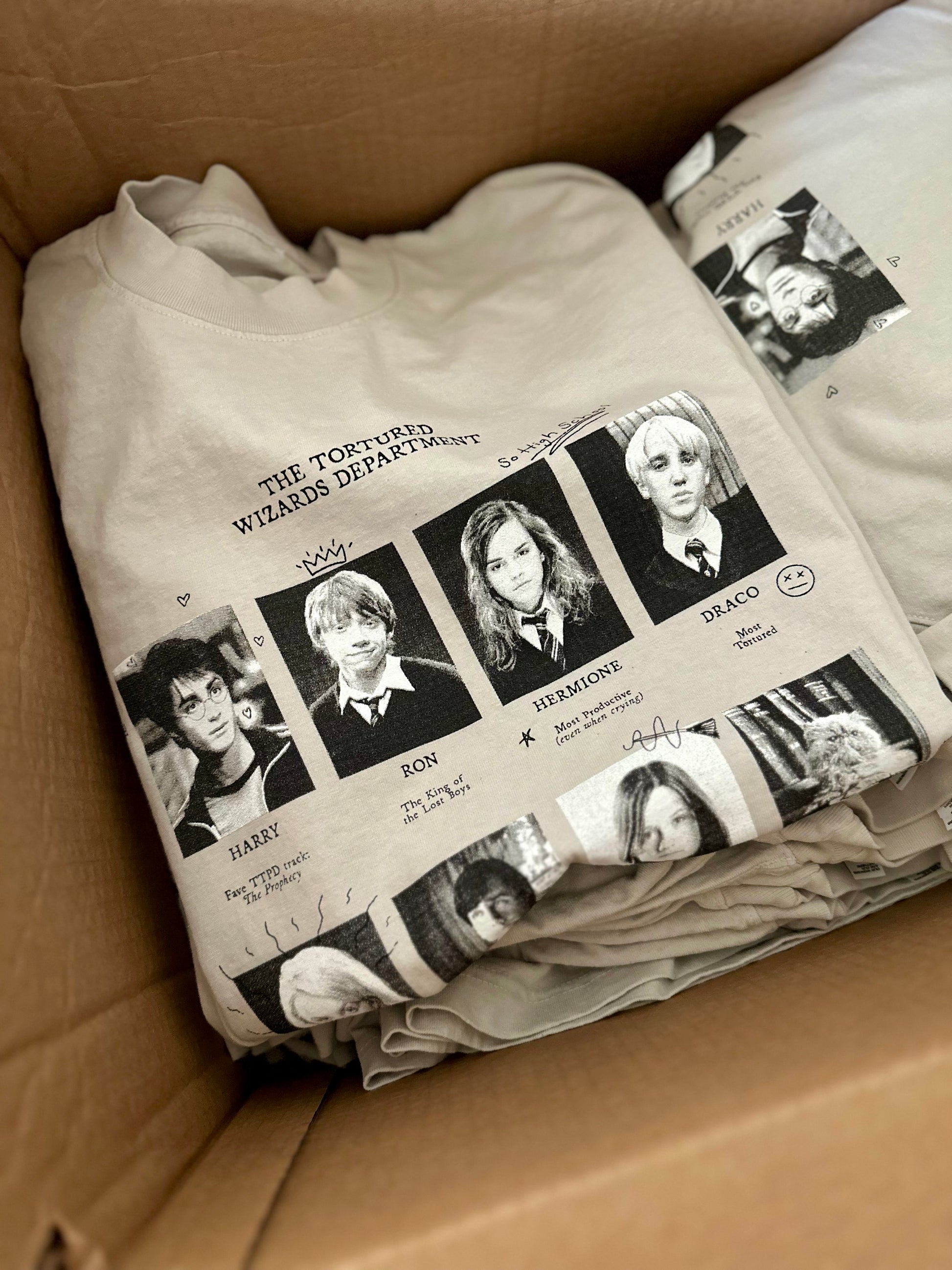 A t-shirt depicting several yearbook style photos of Harry Potter characters. It says "The Tortured Wizards Department." The pictures are paired with lyrics from The Tortured Poets Department by Taylor Swift.