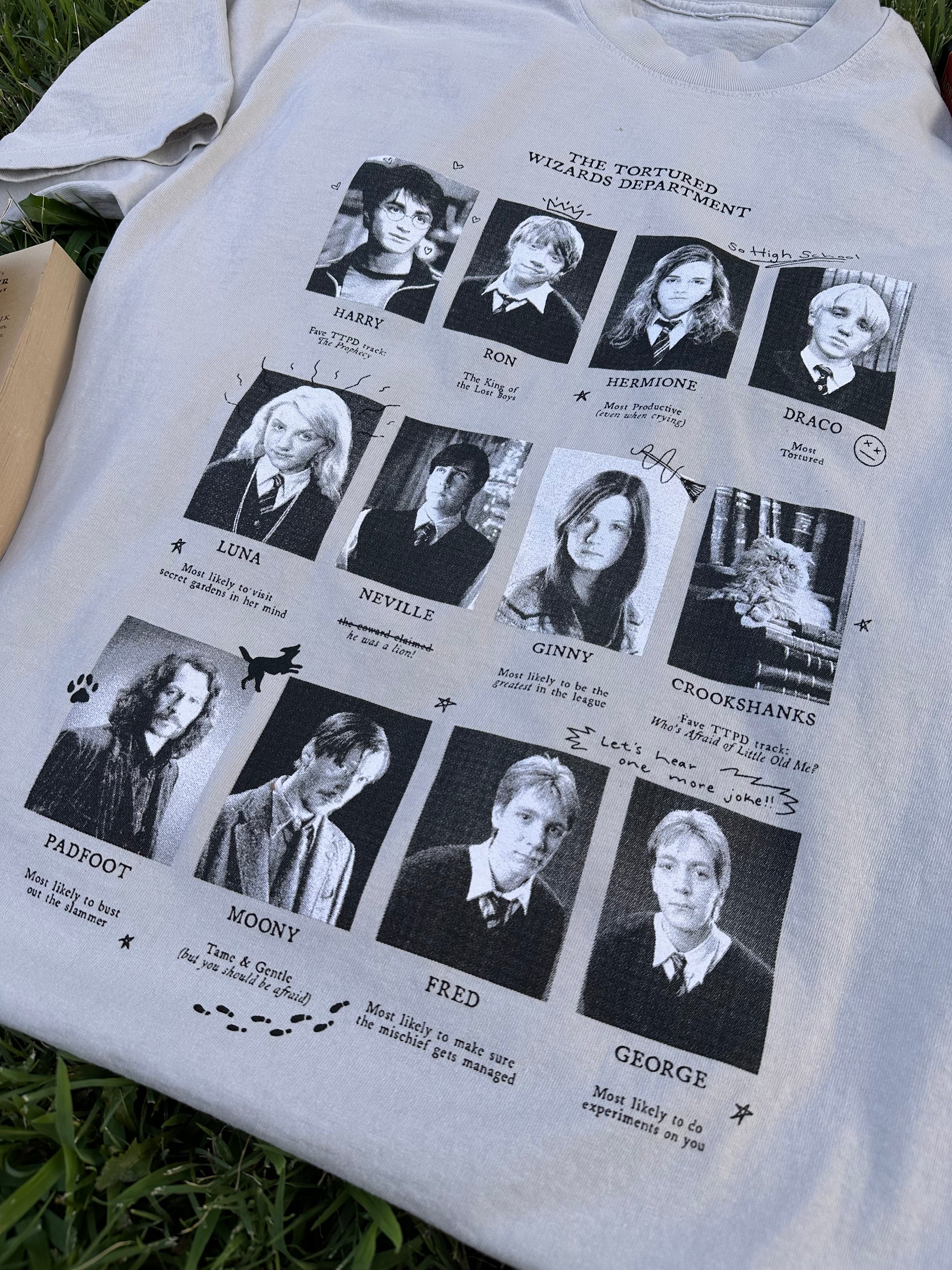 A t-shirt depicting several yearbook style photos of Harry Potter characters. It says "The Tortured Wizards Department." The pictures are paired with lyrics from The Tortured Poets Department by Taylor Swift.