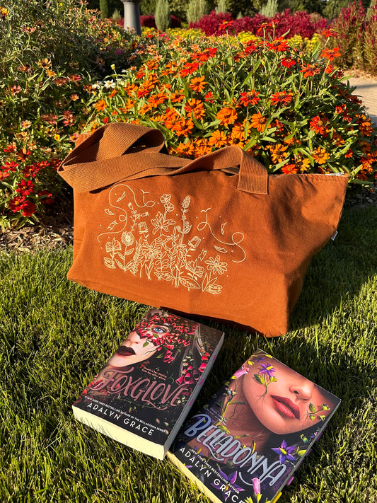 bookish autumn fall embroidered tote bag with zipper; copper brown with floral book lover design