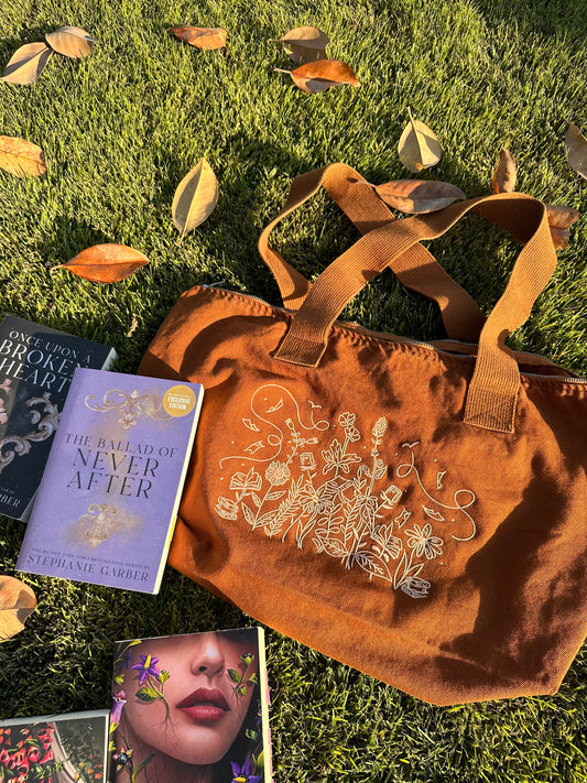 bookish autumn fall embroidered tote bag with zipper; copper brown with floral book lover design