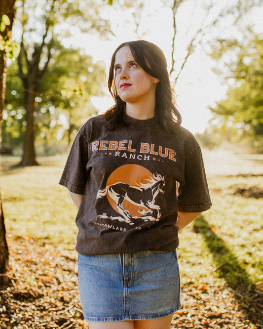 A woman wears a mineral wash brown Rebel Blue Ranch t-shirt inspired by the Lyla Sage book series that includes Done and Dusted, Swift and Saddled, and Lost and Lassoed. The tee has a horse on the front as well as Meadowlark, Wyoming. Trees and a sunset can be seen in the background.