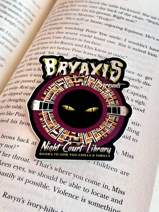 Bryaxis Acotar Sticker featuring Night Court Library design, vinyl, waterproof, fade resistant, 2.5 by 2.7 inches, perfect for laptops and water bottles.