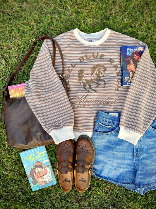 Striped sweatshirt with Rebel Blue Ranch Lyla Sage horse design, jeans, brown shoes, and books on grass.