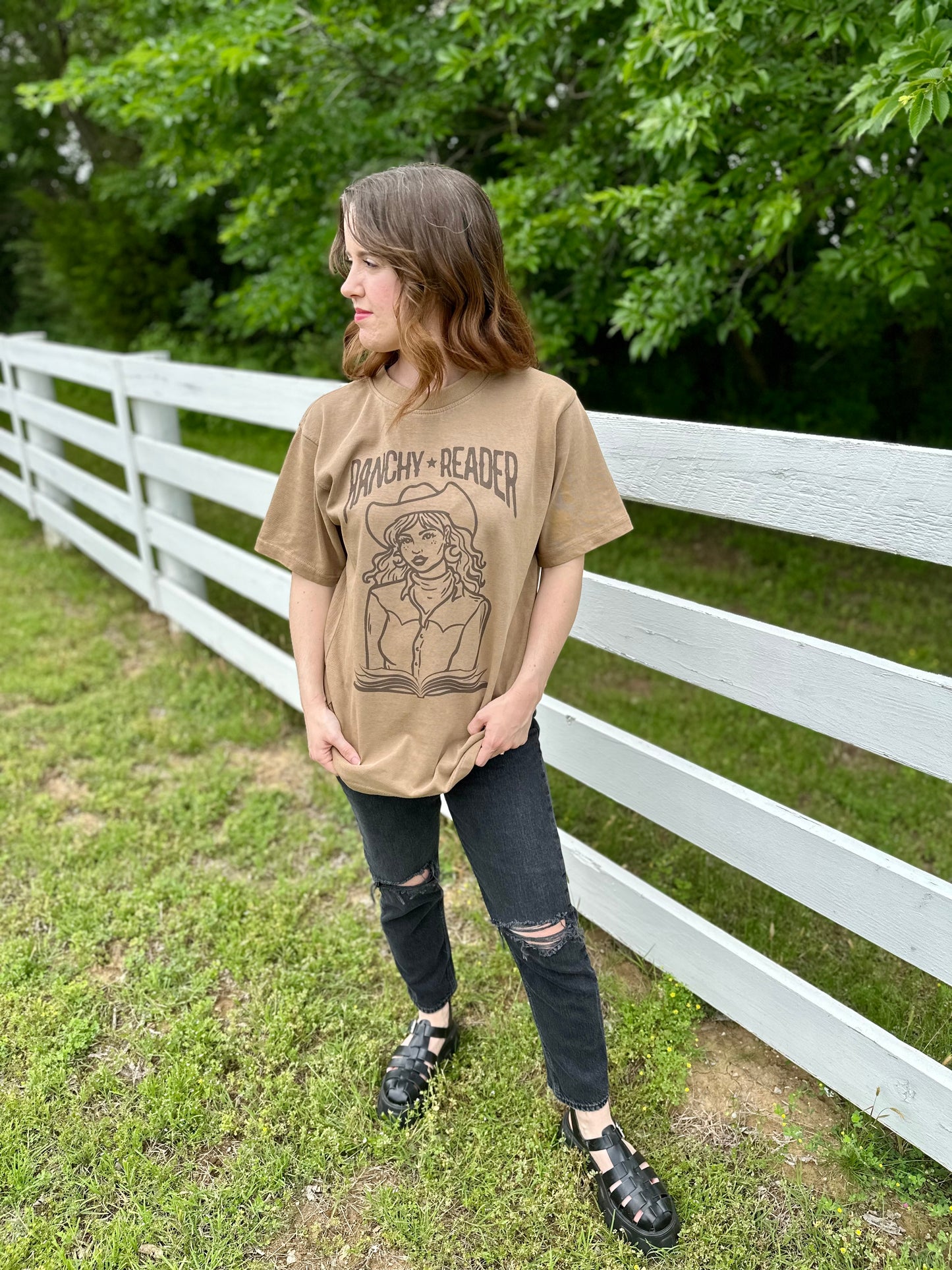 ranchy reader cowboy romance brown t-shirt. done and dusted by lyla sage from the rebel blue ranch book series