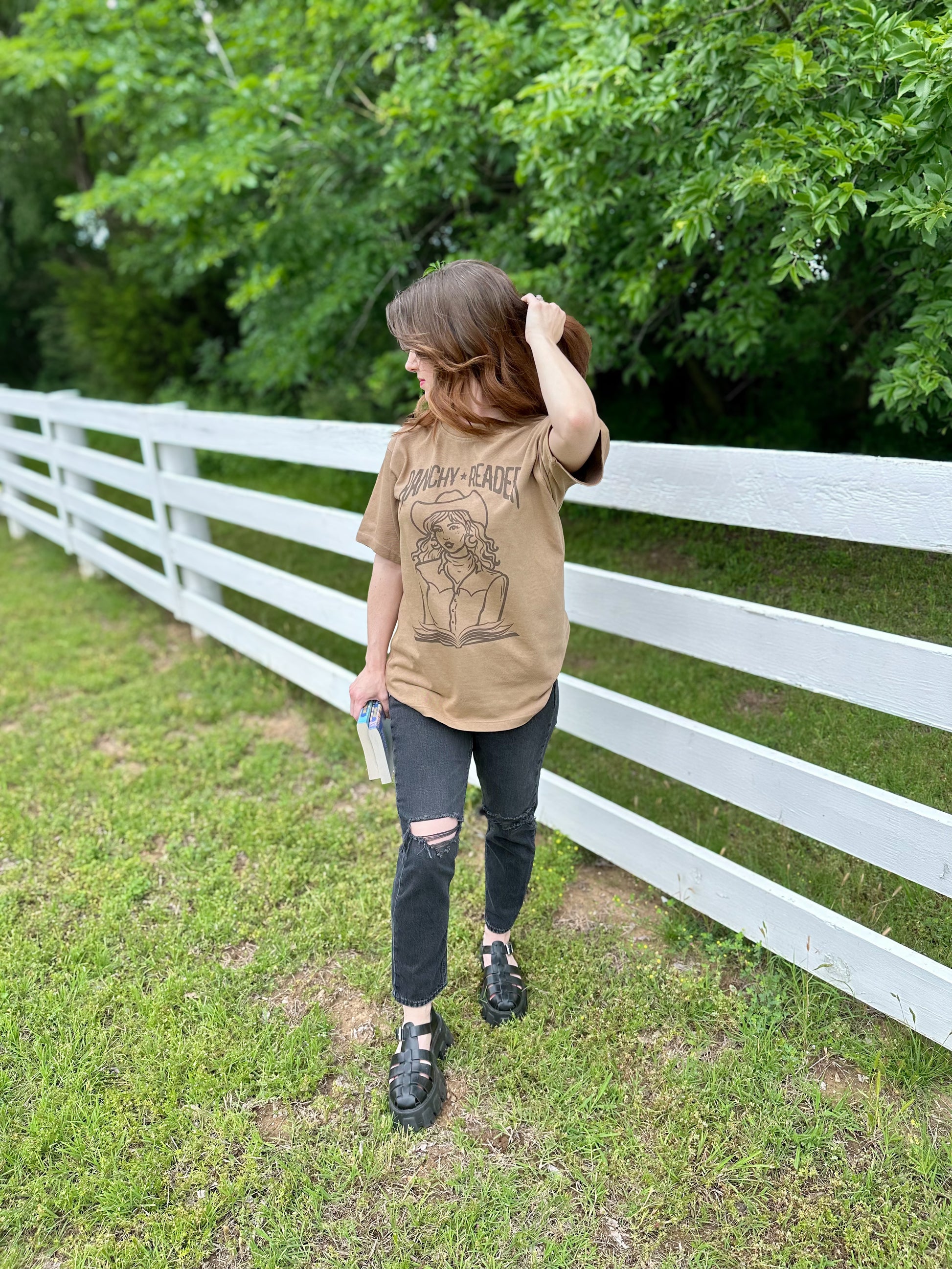 ranchy reader cowboy romance brown t-shirt. done and dusted by lyla sage from the rebel blue ranch book series