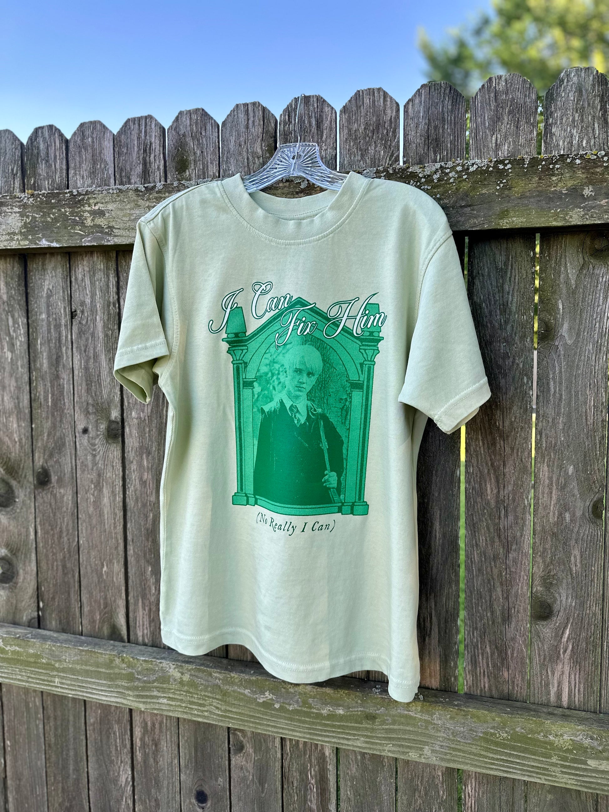 Draco Malfoy I can fix him no really i can boxy green graphic t-shirt. From Harry Potter and the Tortured Poets Department by Taylor Swift