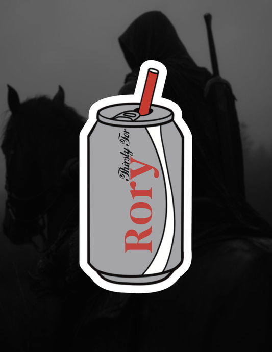 Rory Diet Coke Can Sticker with the can labeled 'Thirsty for Rory' with a red straw on a dark background