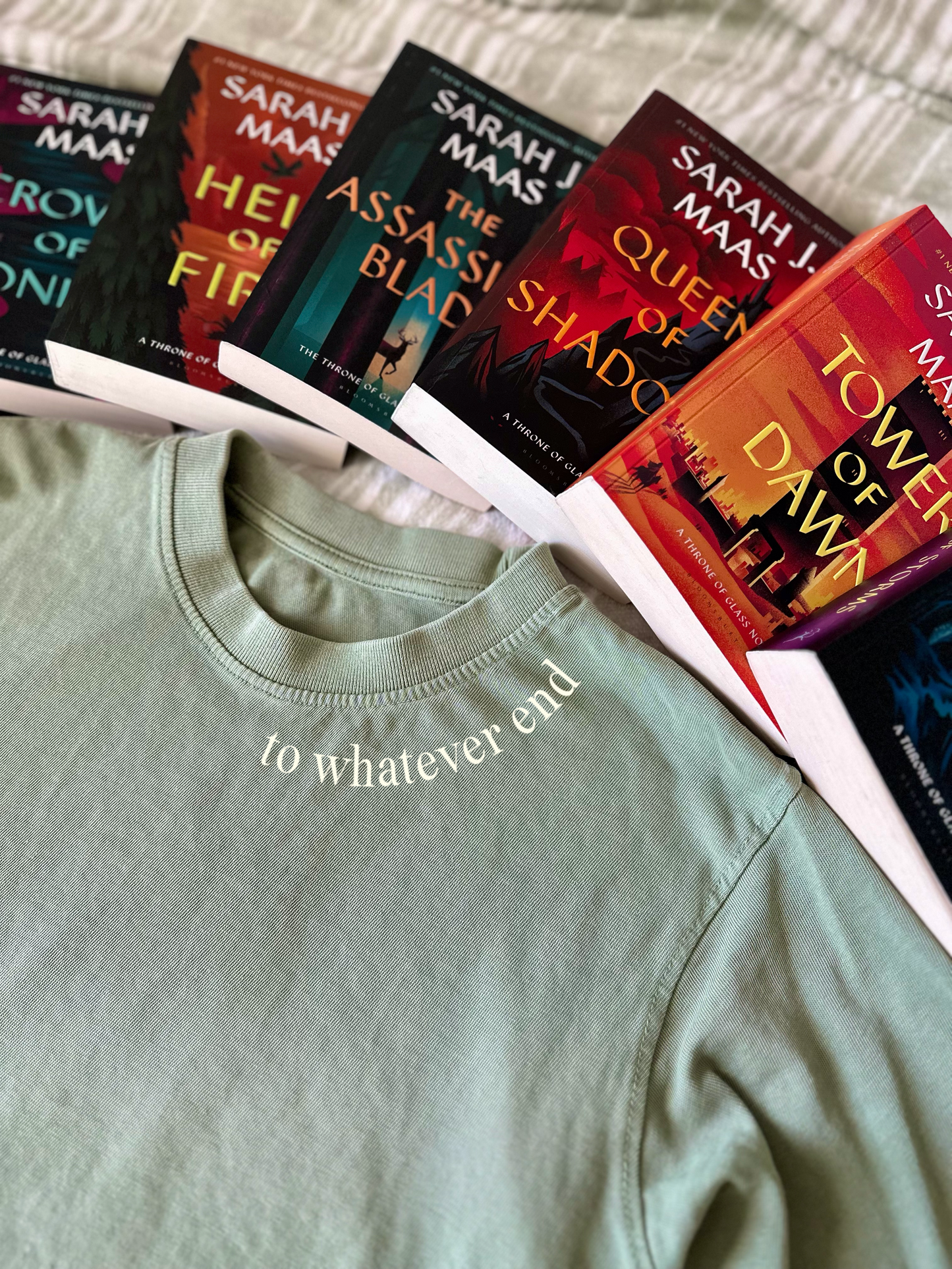 terrasen throne of glass to whatever end olive green t-shirt from the book series by sarah j. maas