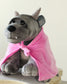 Bartholomew Gargoyle plush with gray soft fabric, small horns, toothy smile, and a bright pink removable cloak
