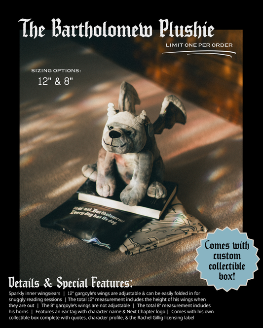 Bartholomew Gargoyle Plushie with bat-like wings sitting on a book with promotional text overlay. Inspired by The Knight and the Moth by Rachel Gillig.