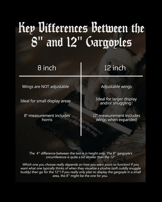 Comparison chart of key differences between 8-inch and 12-inch Bartholomew Gargoyle Plushie on a dark background.