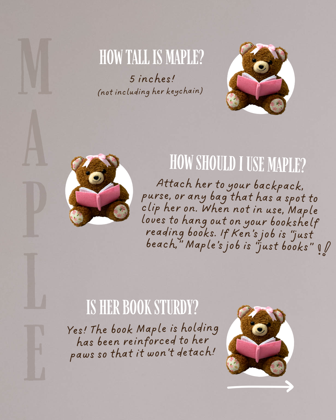 Book Bear Bag Charm from Next Chapter named 'Maple' Next Chapter offers unique and high quality book merch and apparel for readers. Bookish plush. Book plush.