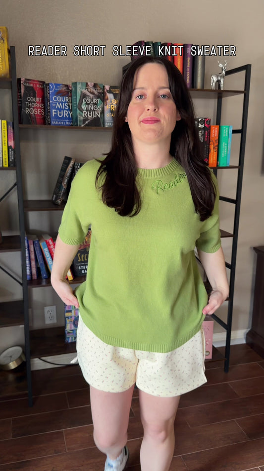 Reader Short Sleeve Knit Sweater from Next Chapter Bookwear, a high quality bookish apparel shop.