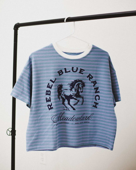 Rebel Blue Ranch Striped Boxy Tee with baby blue fabric and a navy blue design. Officially Licensed Lyla Sage merch. Rebel Blue Ranch merch. Next Chapter book merch.