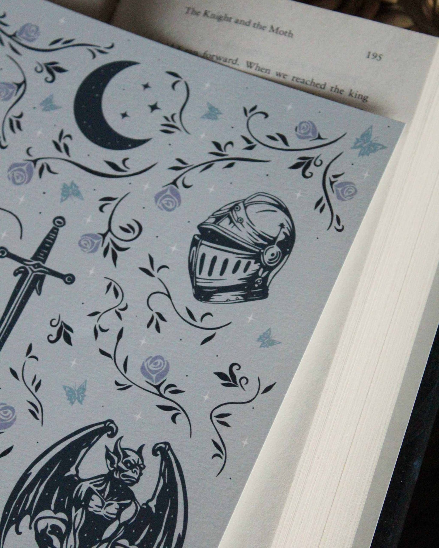 The Knight and the Moth art print featuring Sybil, Gargoyle, knight armor, Aisling Cathedral, and moon officially licensed by Rachel Gillig