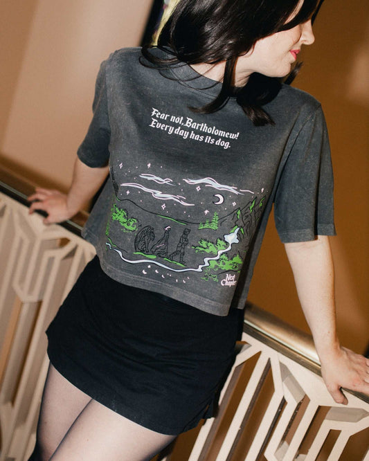 Person wearing The Unlikely Trio Tee that is dark gray and cropped with a graphic design and text that reads 'Fear not, Bartholomew! Every day has its dog!' from The Knight and the Moth by Rachel Gillig. Officially licensed Rachel Gillig merch. Officially licensed The Knight and the Moth merch. Officially licensed book merchandise created under authorization.